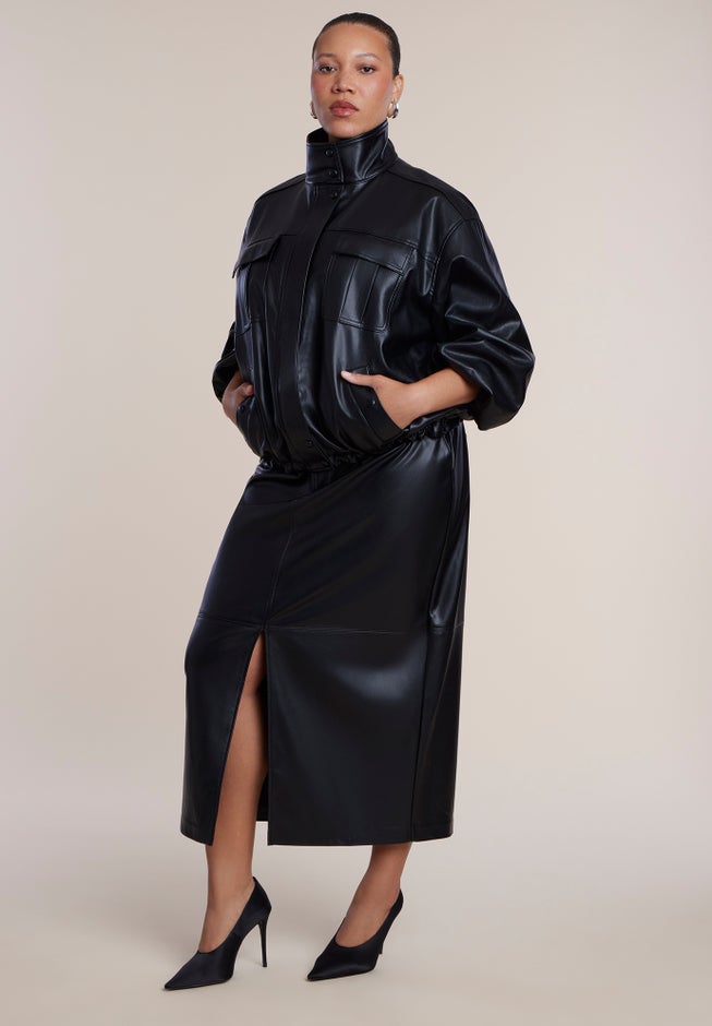 Faux Leather Funnel Neck Jacket image number 3