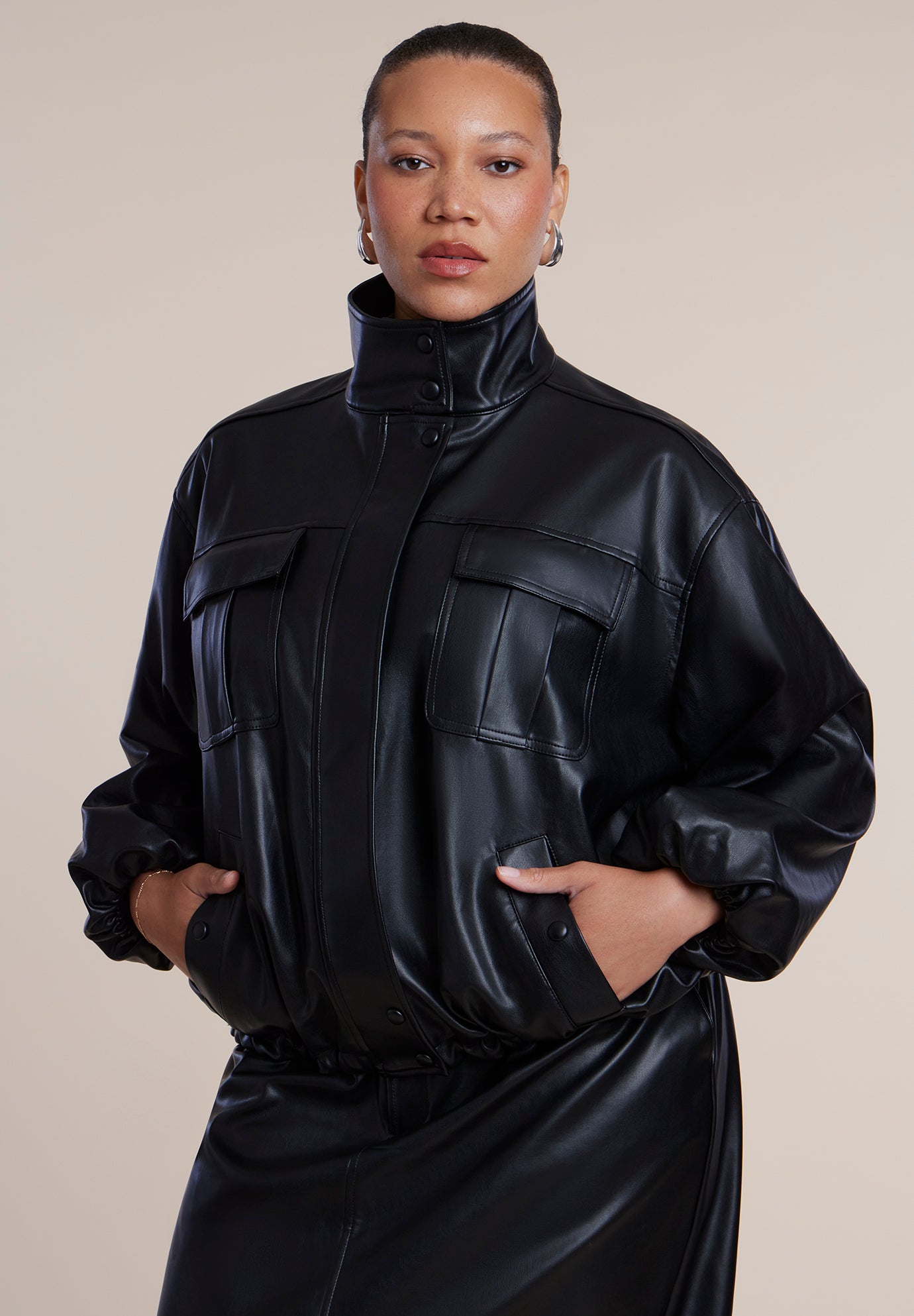 Faux Leather Funnel Neck Jacket image number 0