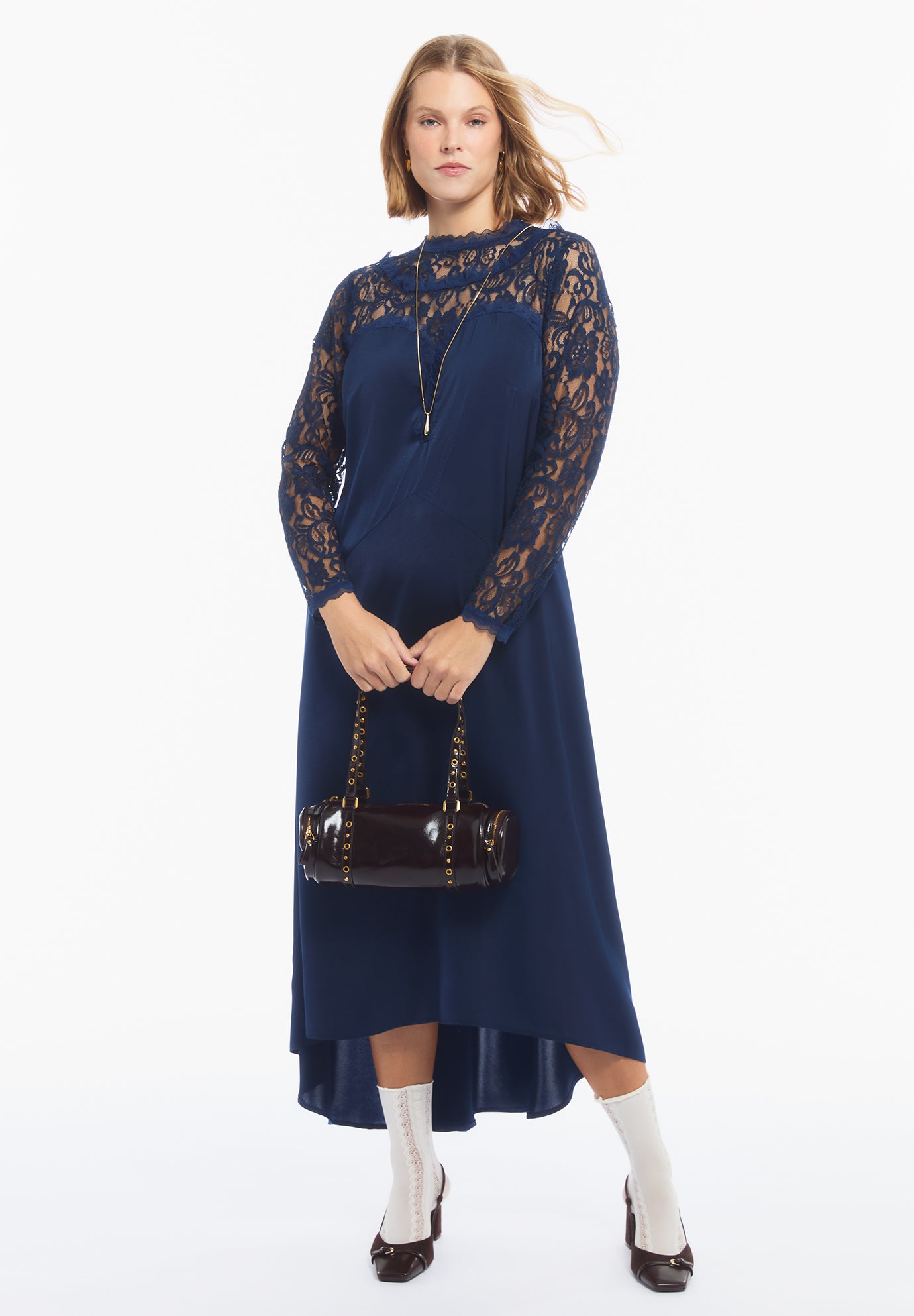 Lace Long Sleeve Satin Midi Dress image number 0