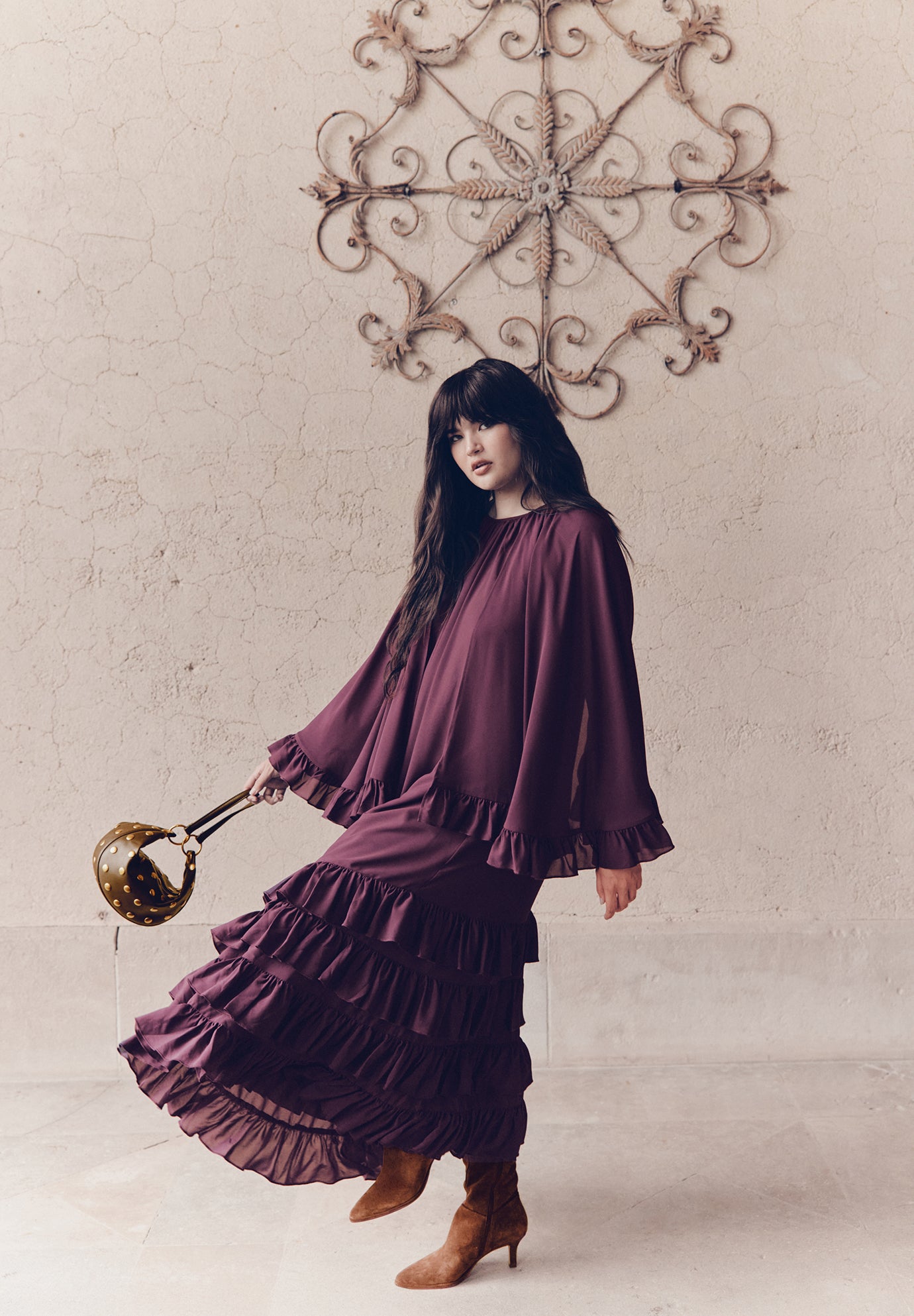 Ruffled Georgette Gown With Cape image number 4