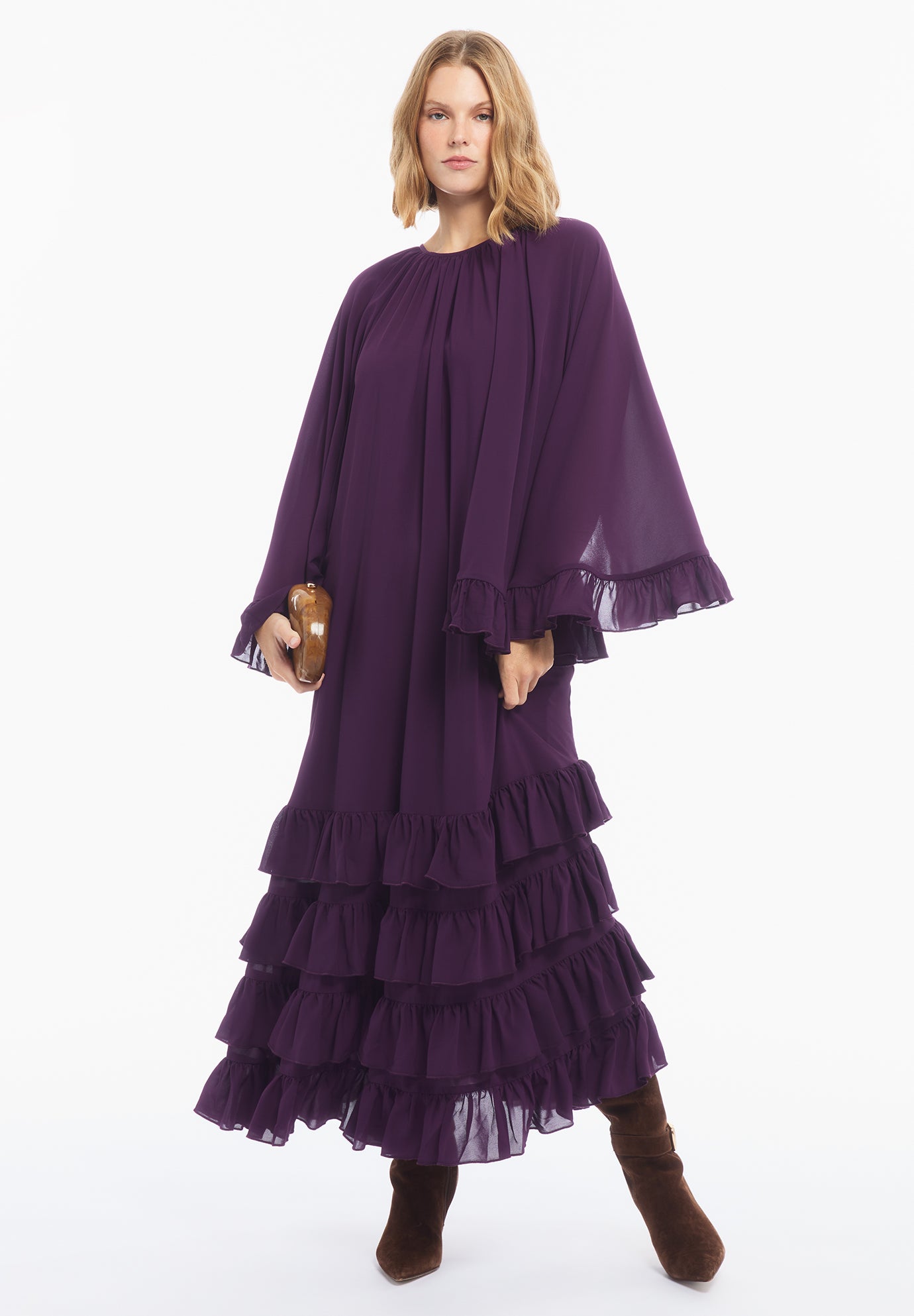 Ruffled Georgette Gown With Cape image number 0