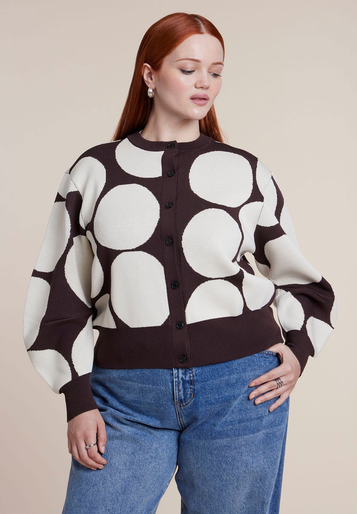 Intarsia Knit Puff-Sleeve Cardigan image number 0