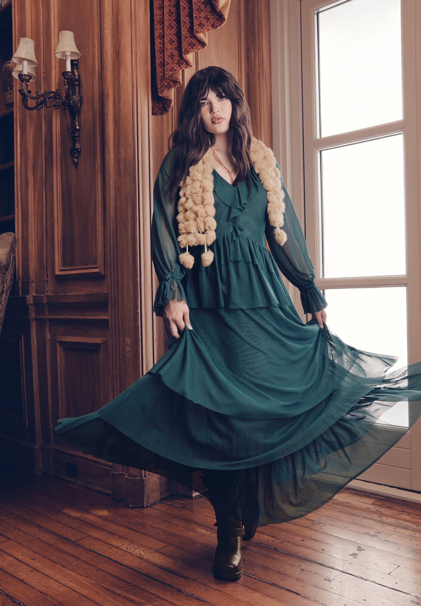 Long Sleeve Ruffled Mesh Maxi Dress image number 0