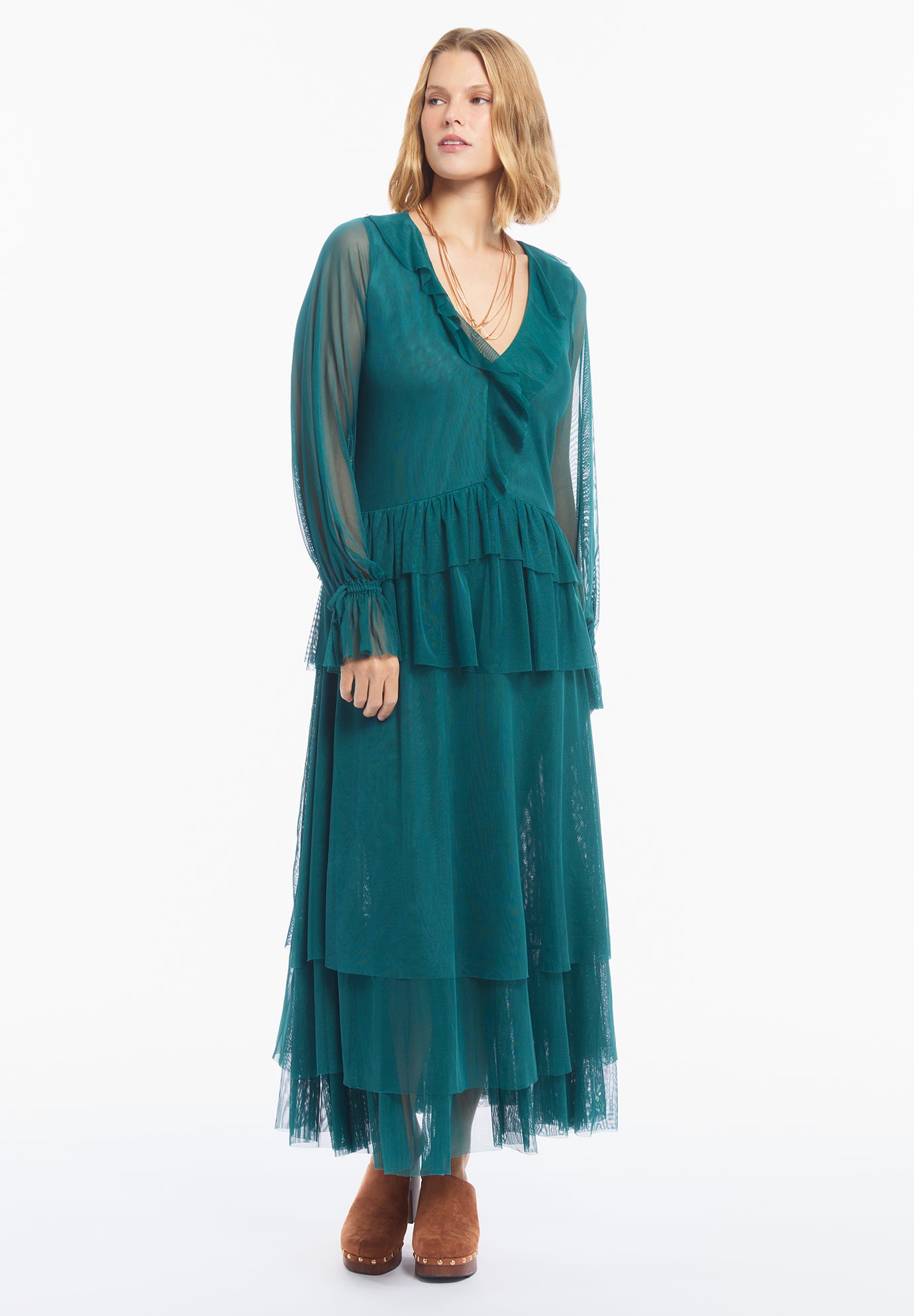 Long Sleeve Ruffled Mesh Maxi Dress image number 0
