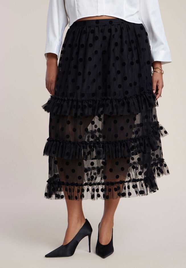 Ruffled Semi-Sheer Dot Midi Skirt image number 1