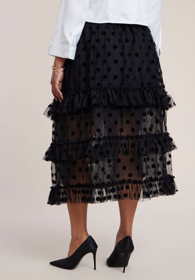 Ruffled Semi-Sheer Dot Midi Skirt image number 2