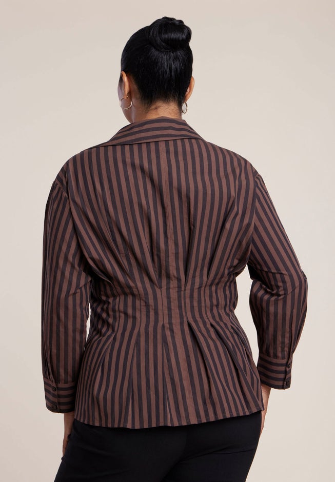 Pleated Striped Poplin Top image number 1