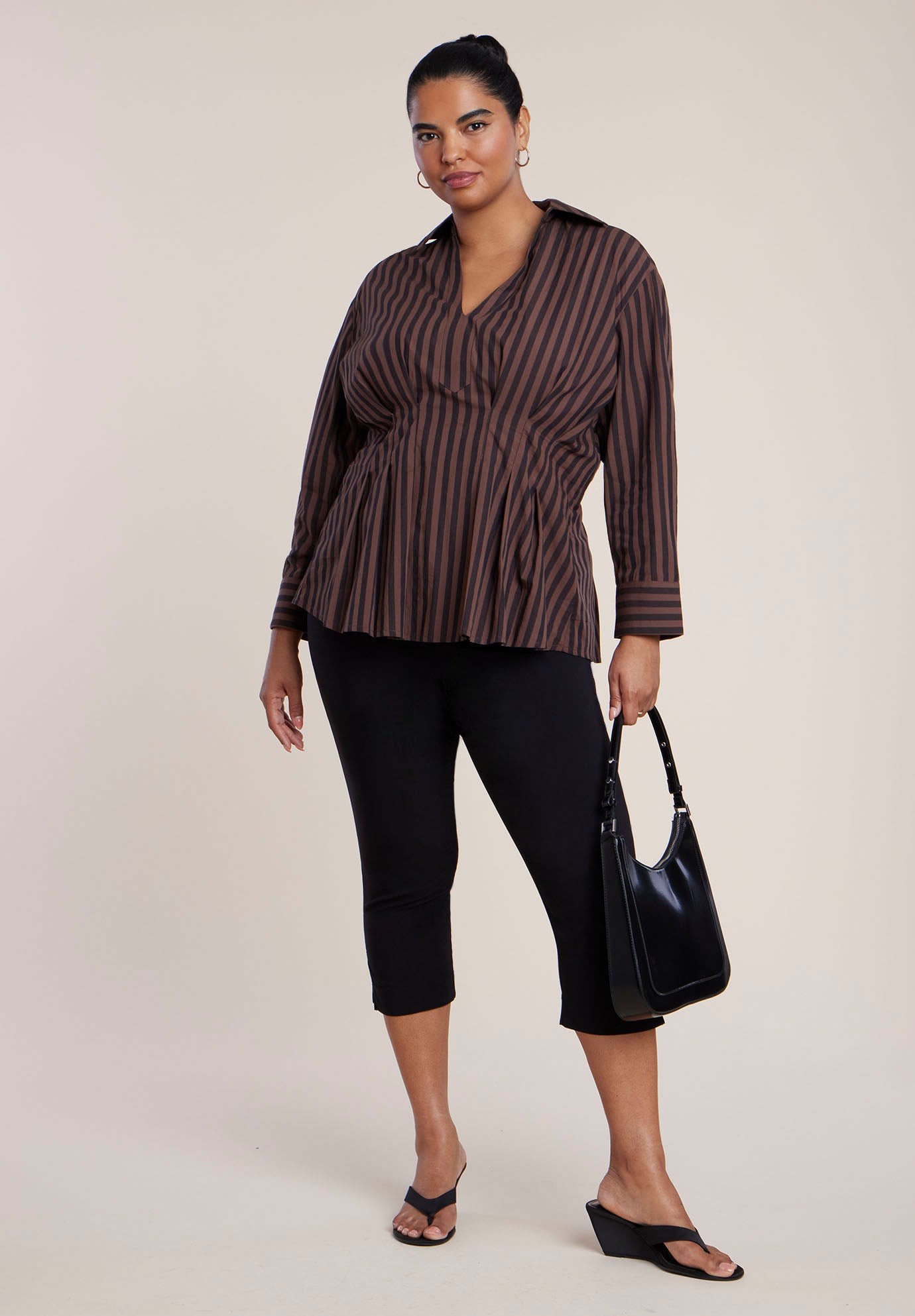 Pleated Striped Poplin Top image number 2