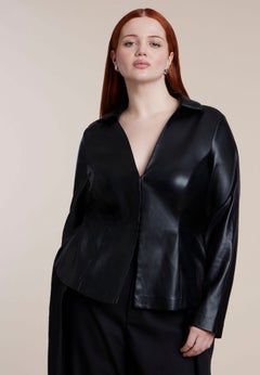 Fitted Faux Leather Collared Top