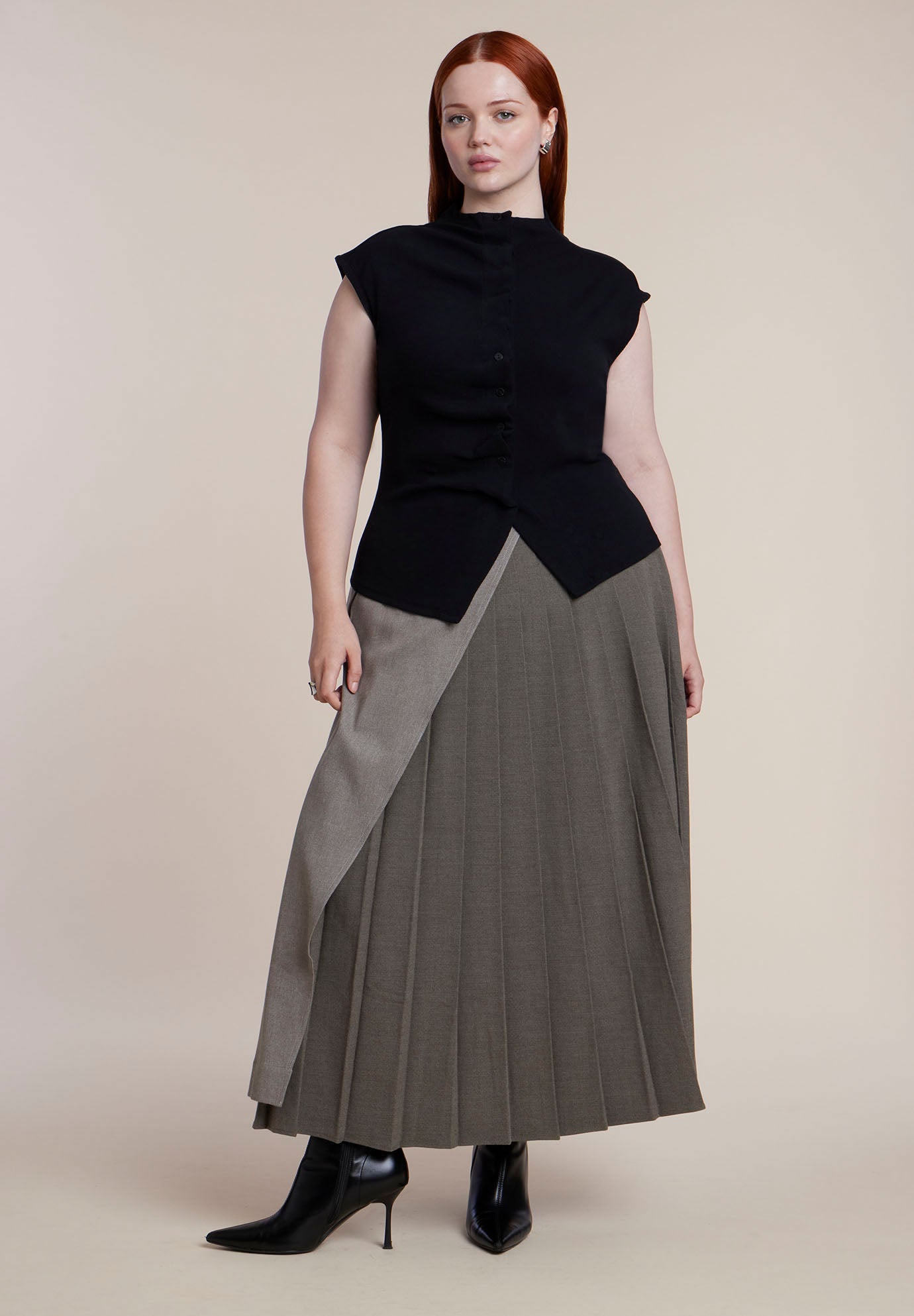 Pleated Button-Front Mock Neck Top image number 2