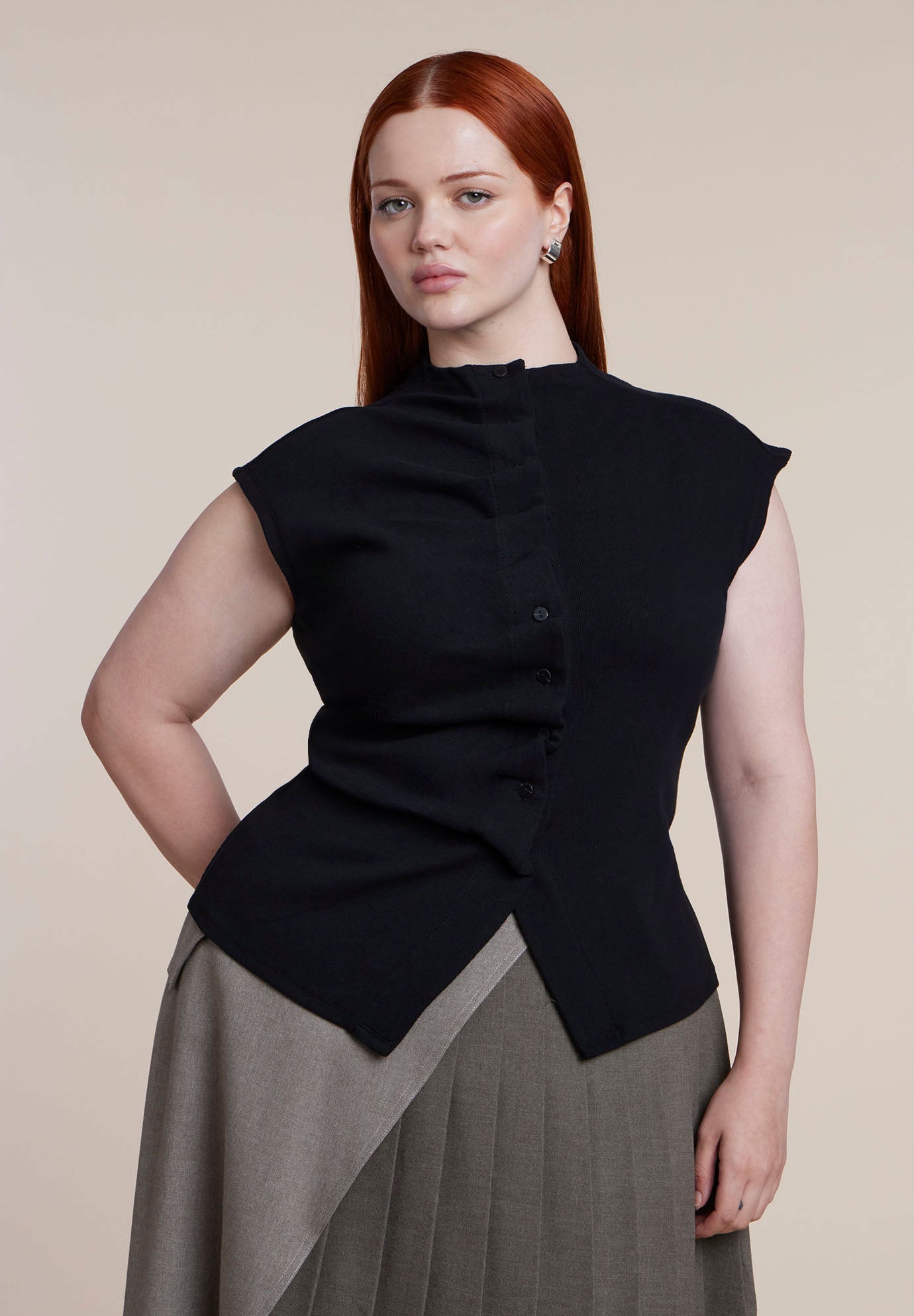 Pleated Button-Front Mock Neck Top image number 0