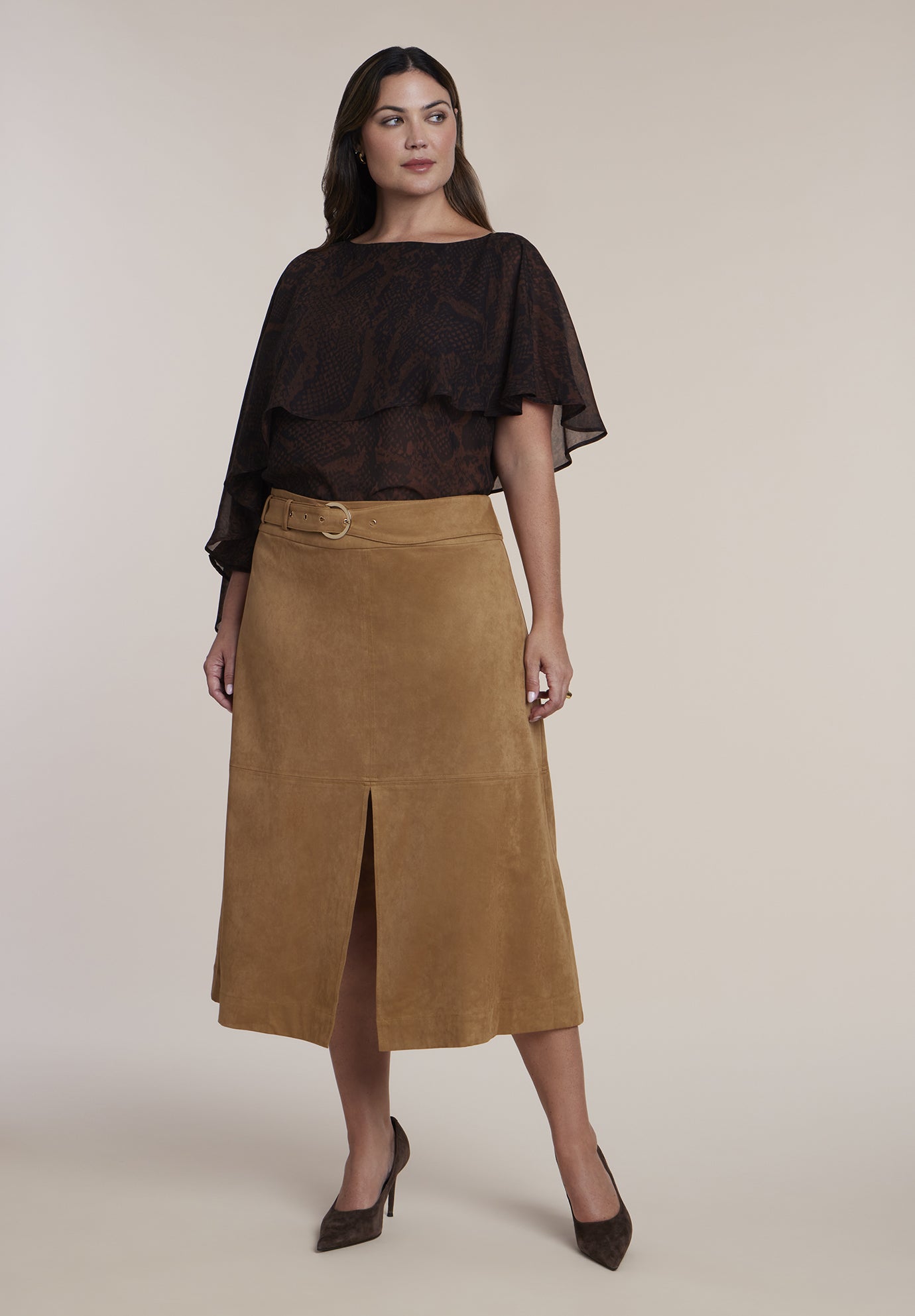 Belted Faux Suede Midi Skirt image number 1