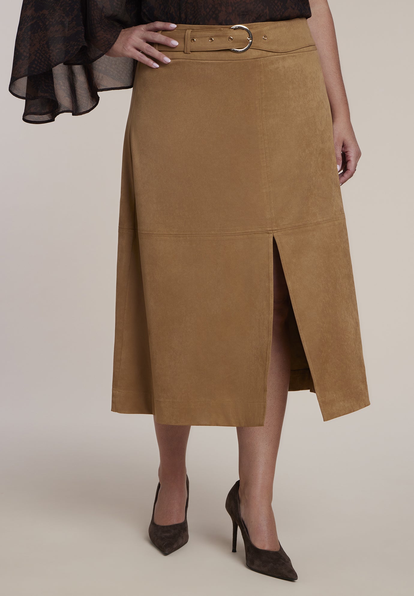 Belted Faux Suede Midi Skirt image number 2