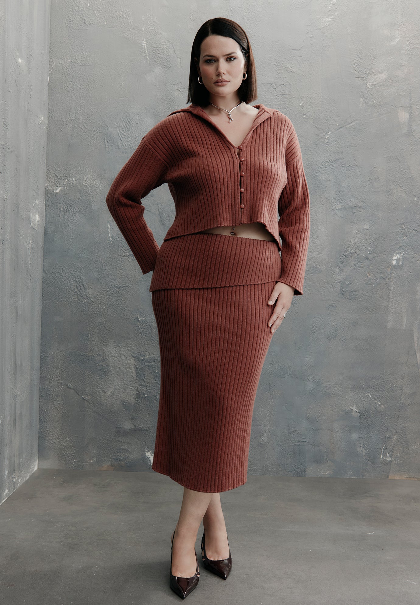 Foldover Rib Knit Midi Skirt image number 0