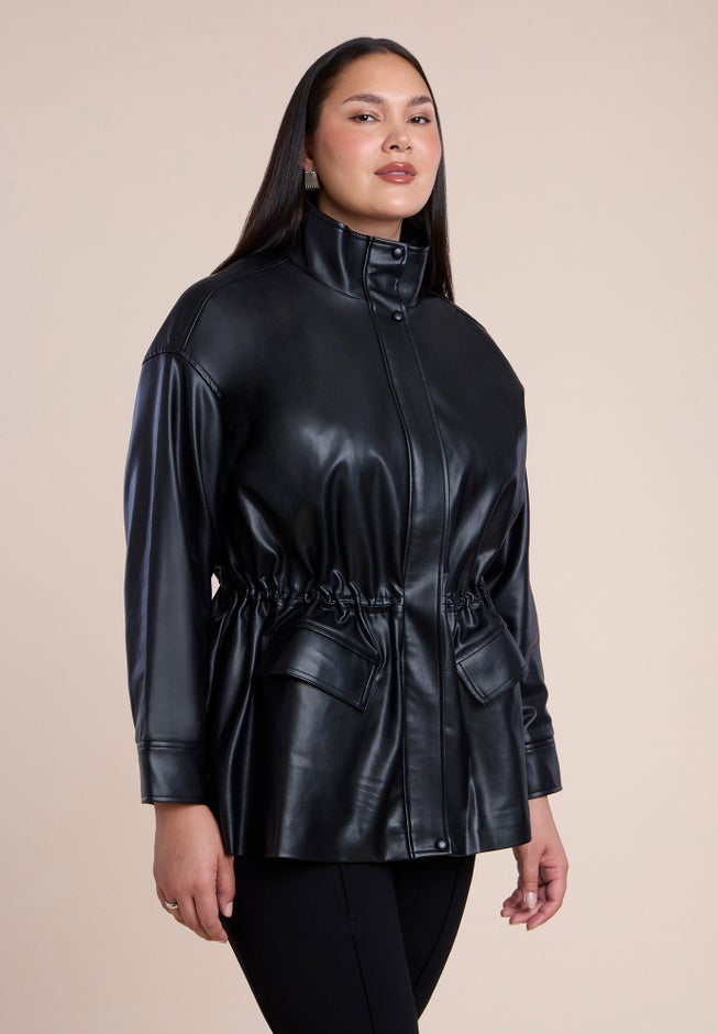 Faux Leather Funnel Neck Cinched-Waist Jacket image number 1