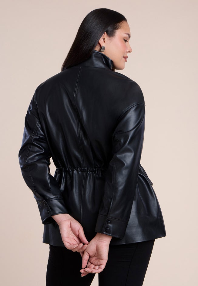 Faux Leather Funnel Neck Cinched-Waist Jacket image number 2