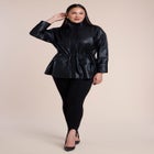 Faux Leather Funnel Neck Cinched-Waist Jacket image number 3
