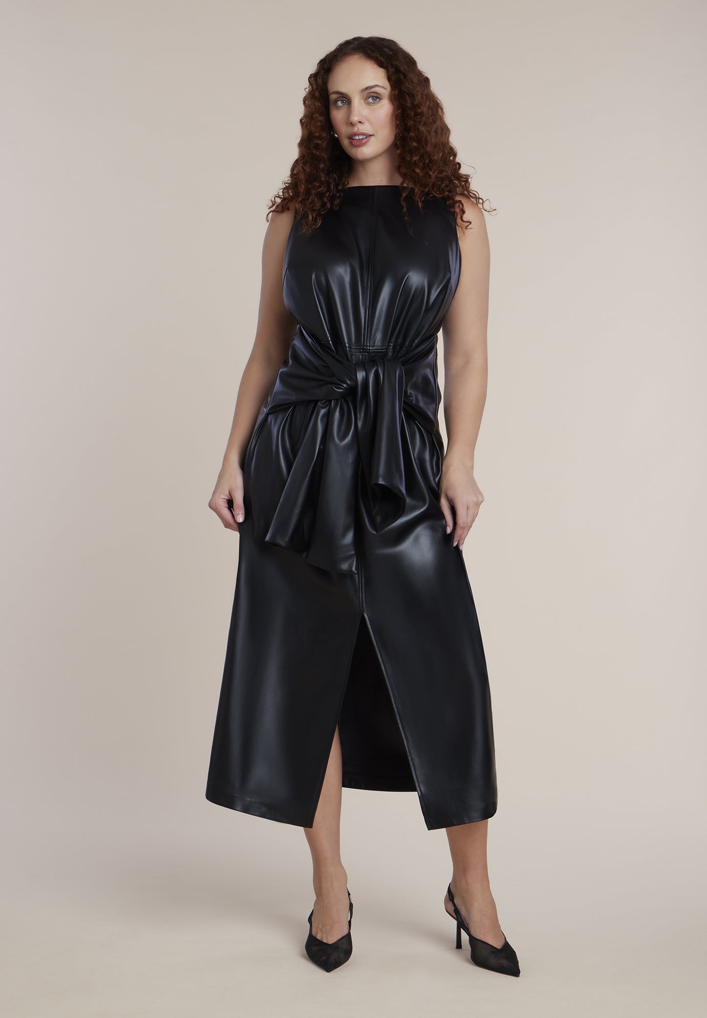 Waist-Tie Faux Leather Maxi Dress image number 0