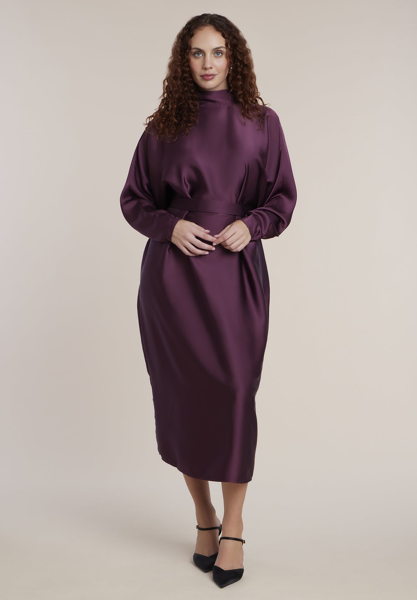 Dramatic Draped Satin Midi Dress image number 0