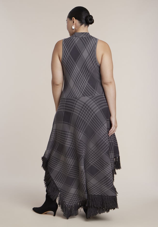 Fringe-Trim Plaid Sweater Maxi Dress image number 2