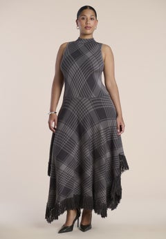 Fringe-Trim Plaid Sweater Maxi Dress