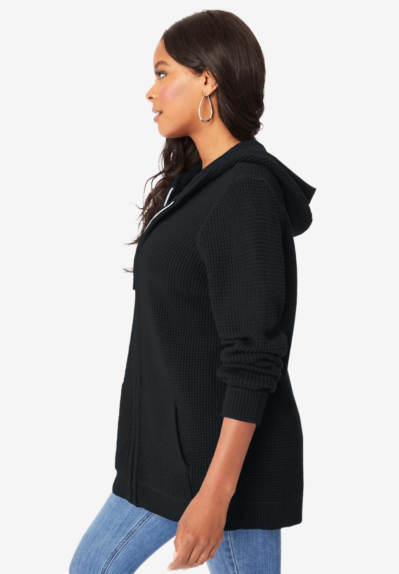Plus Size Waffle Knit Zip-Front Relaxed Hoodie image number 5