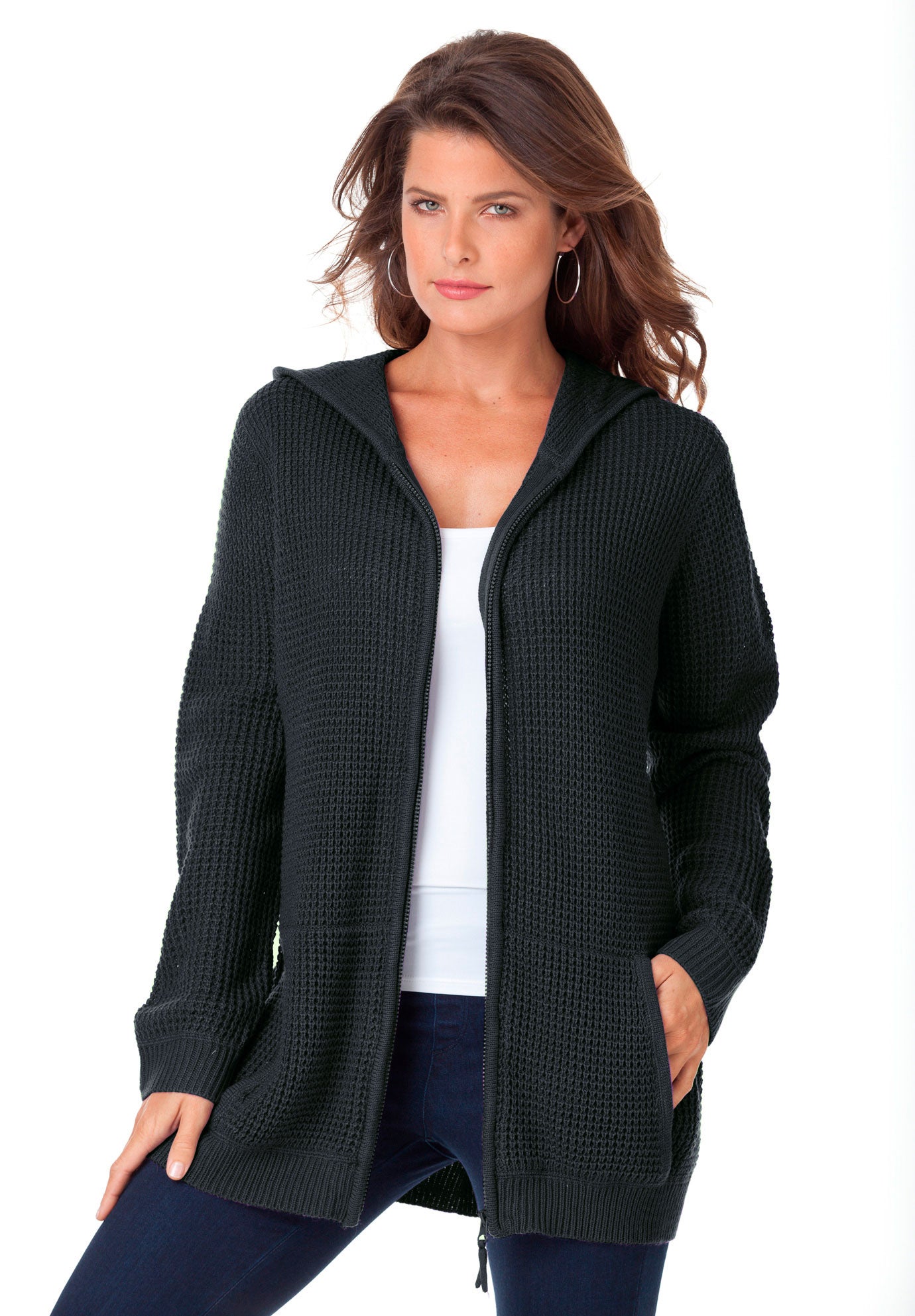 Plus Size Waffle Knit Zip-Front Relaxed Hoodie image number 1