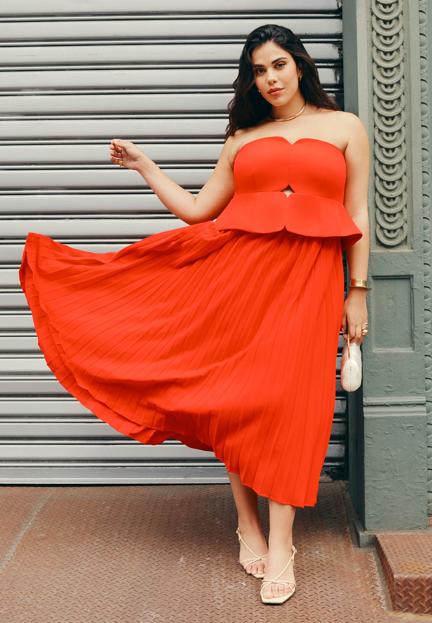 Strapless Pleated Midi Dress