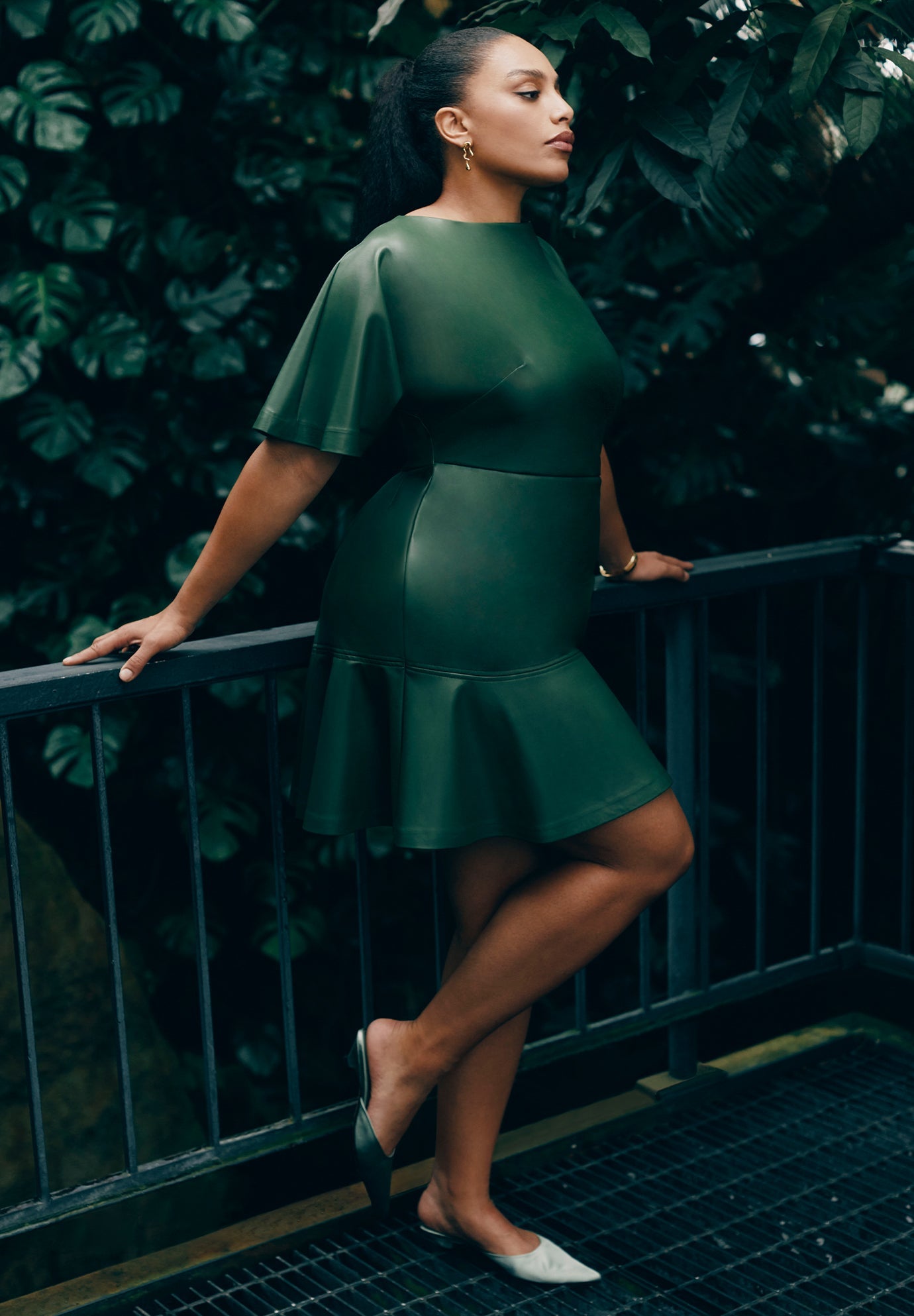 Eloquii Women's Plus Size Drapey Faux Leather Mini Dress - Bronze Green