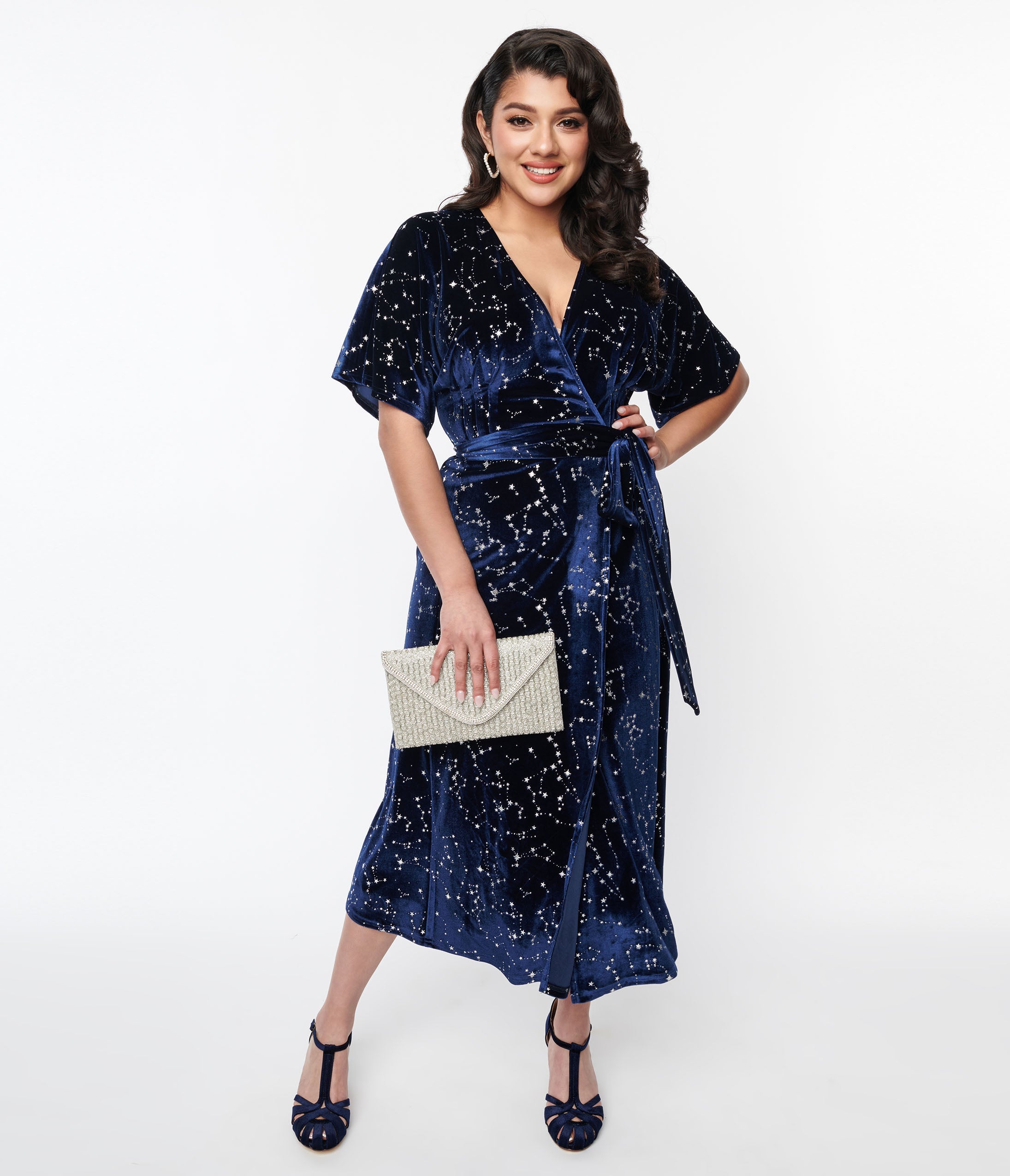 Unique Vintage Navy & Silver Stars Velvet Wrap Midi Dress | Dia & Co
