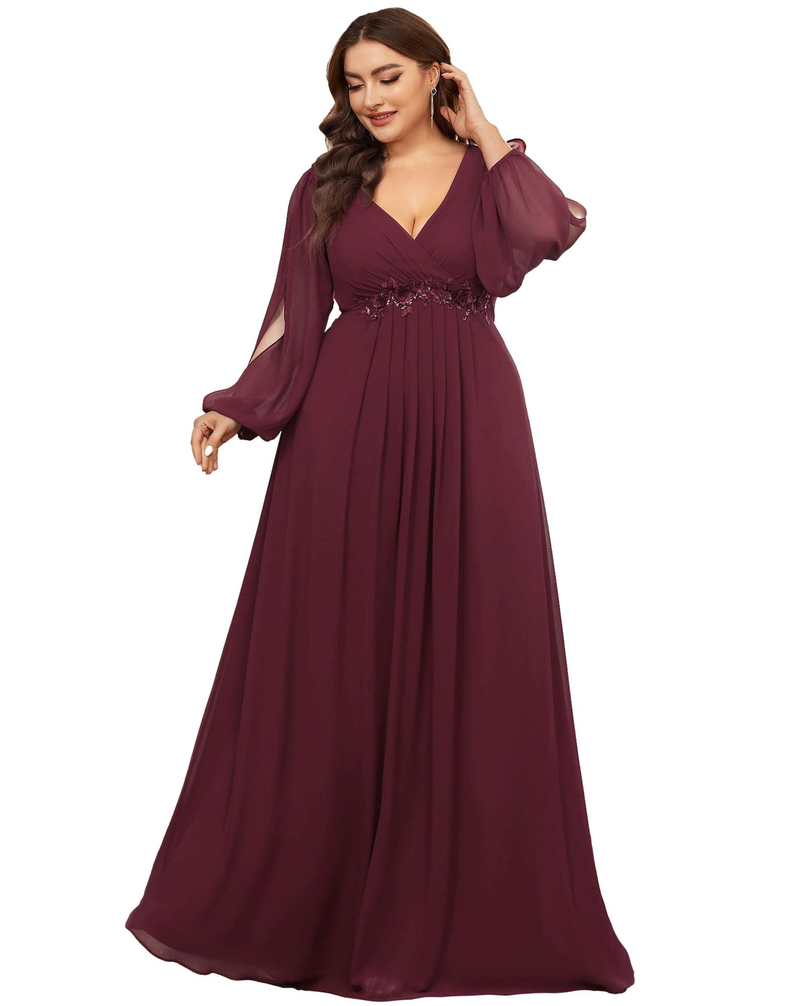 Chiffon V-Neckline Long Sleeve Formal Evening Dress | Dia & Co