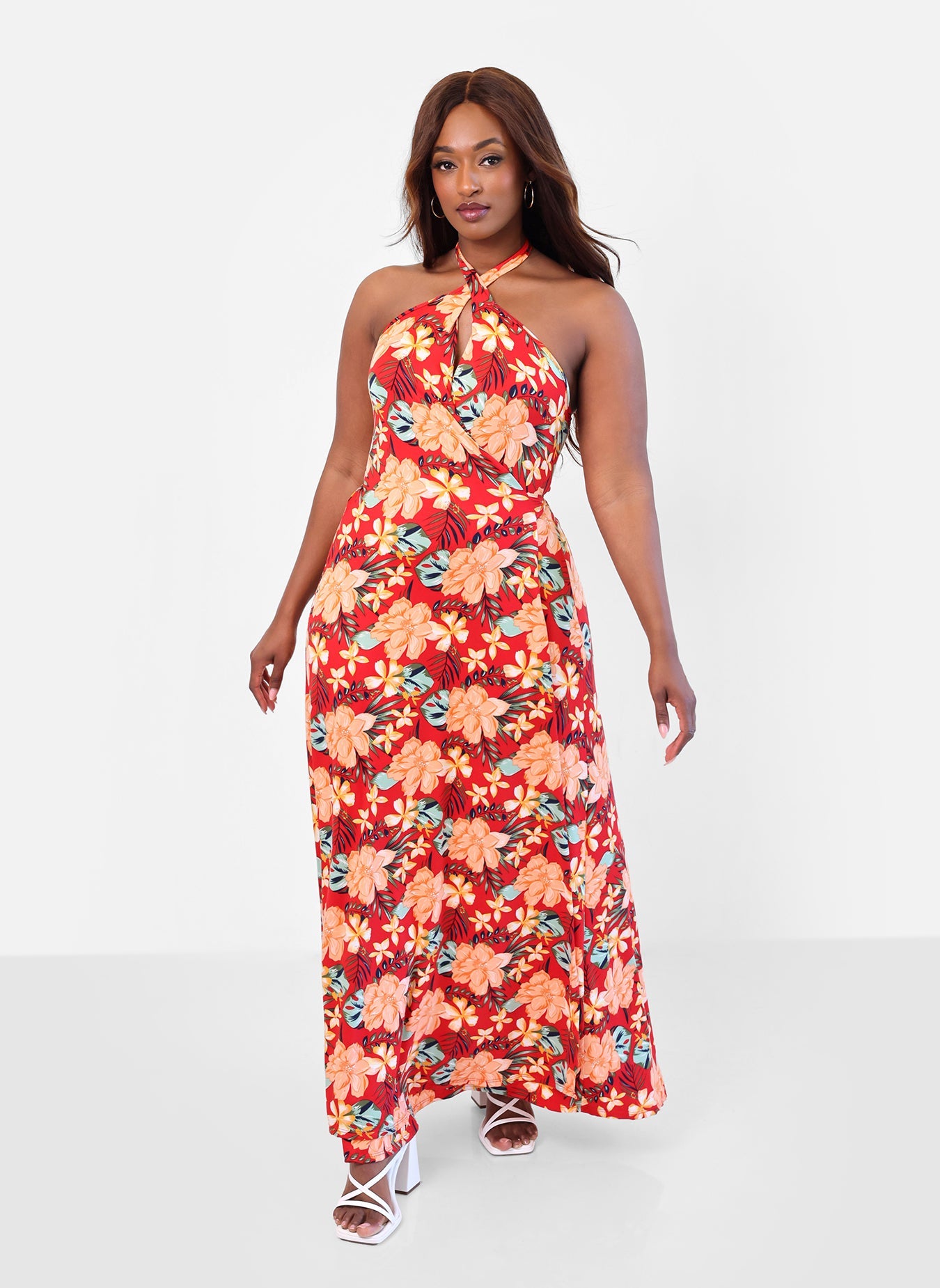 tropical red dress Vibrant Red Tropical Print Midi Dress - All Dresses