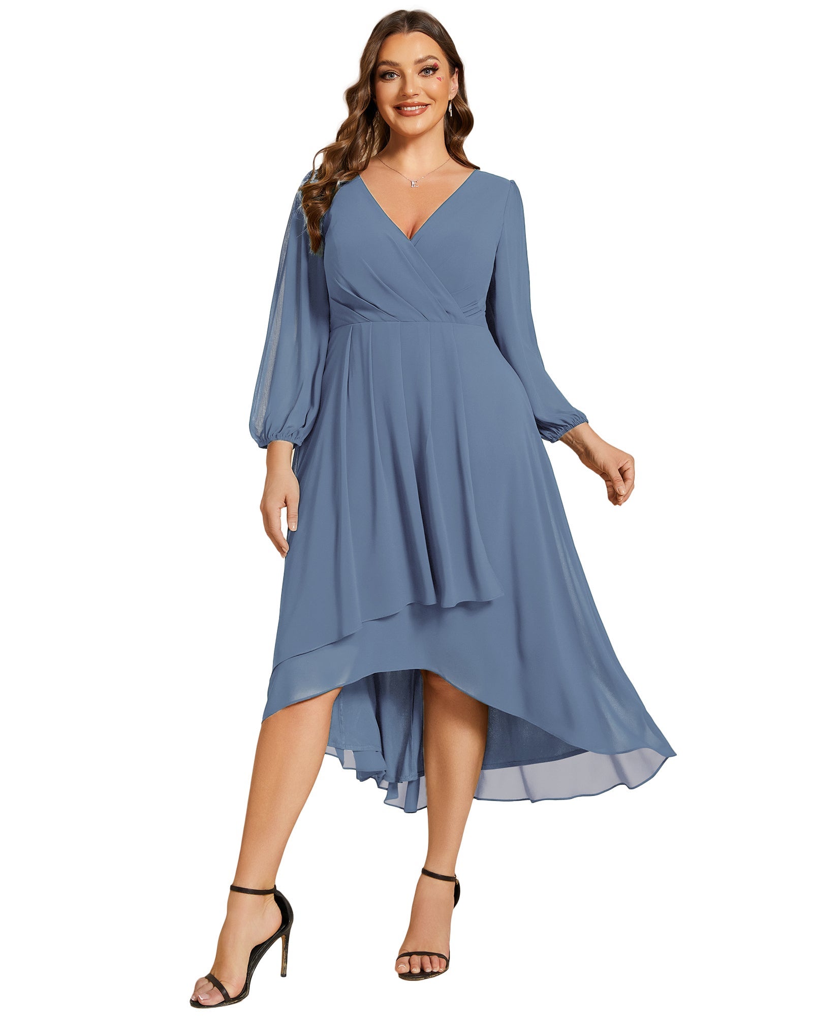 Long Sleeves Asymmetrical Hem A-Line Midi Wedding Guest Dress | Dia & Co