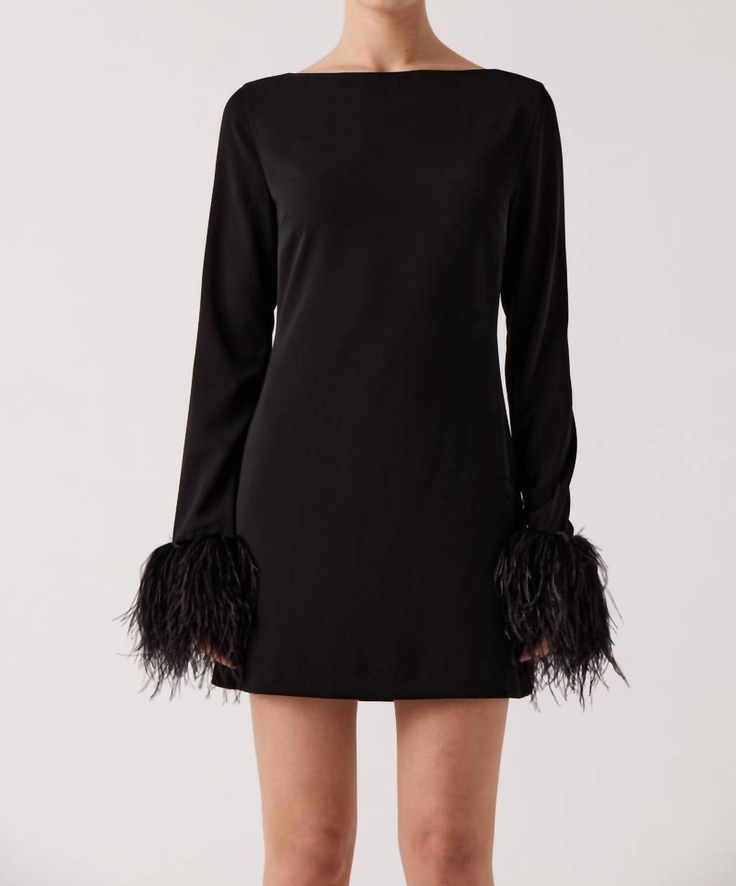 black asymmetric volume sleeve draped feather mini dress AURORA ASYMMETRIC DRAPED BLACK FEATHER DRESS | CULT MIA