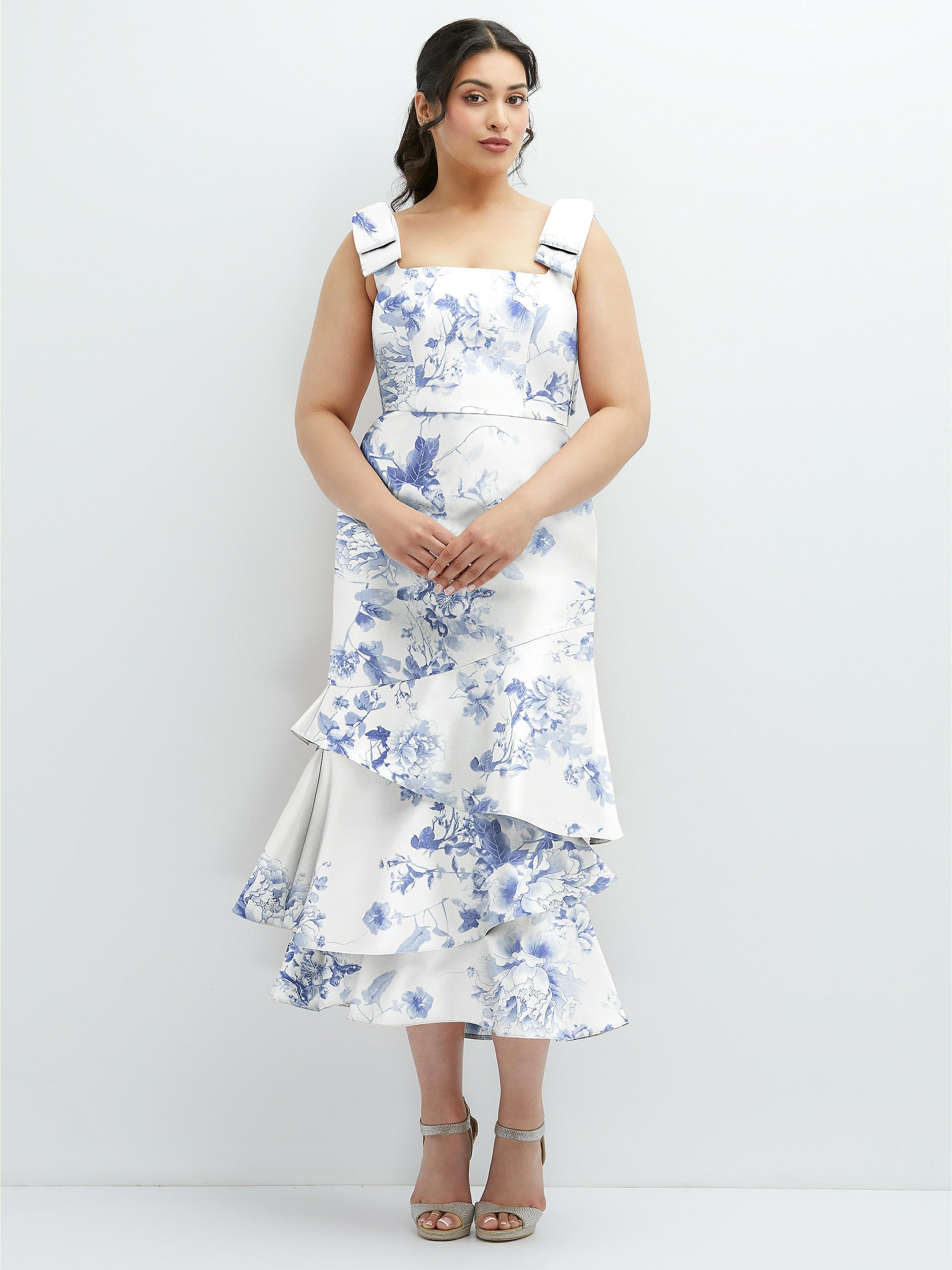 Floral Bow-Shoulder Satin Midi Dress with Asymmetrical Tiered Skirt