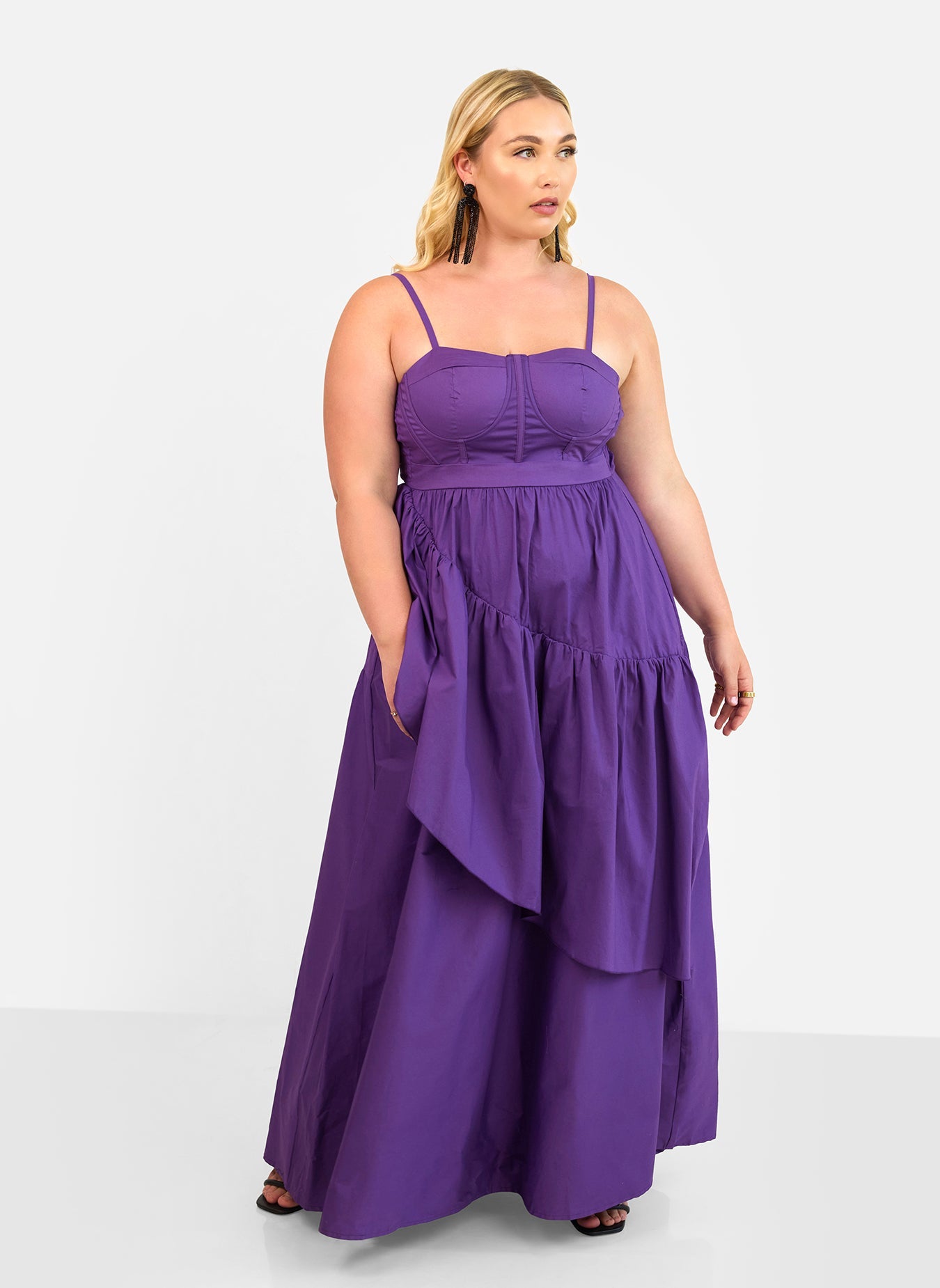 VIOLETTE POPLIN CORSET RUFFLE MAXI A LINE DRESS - PLUM | Dia & Co 