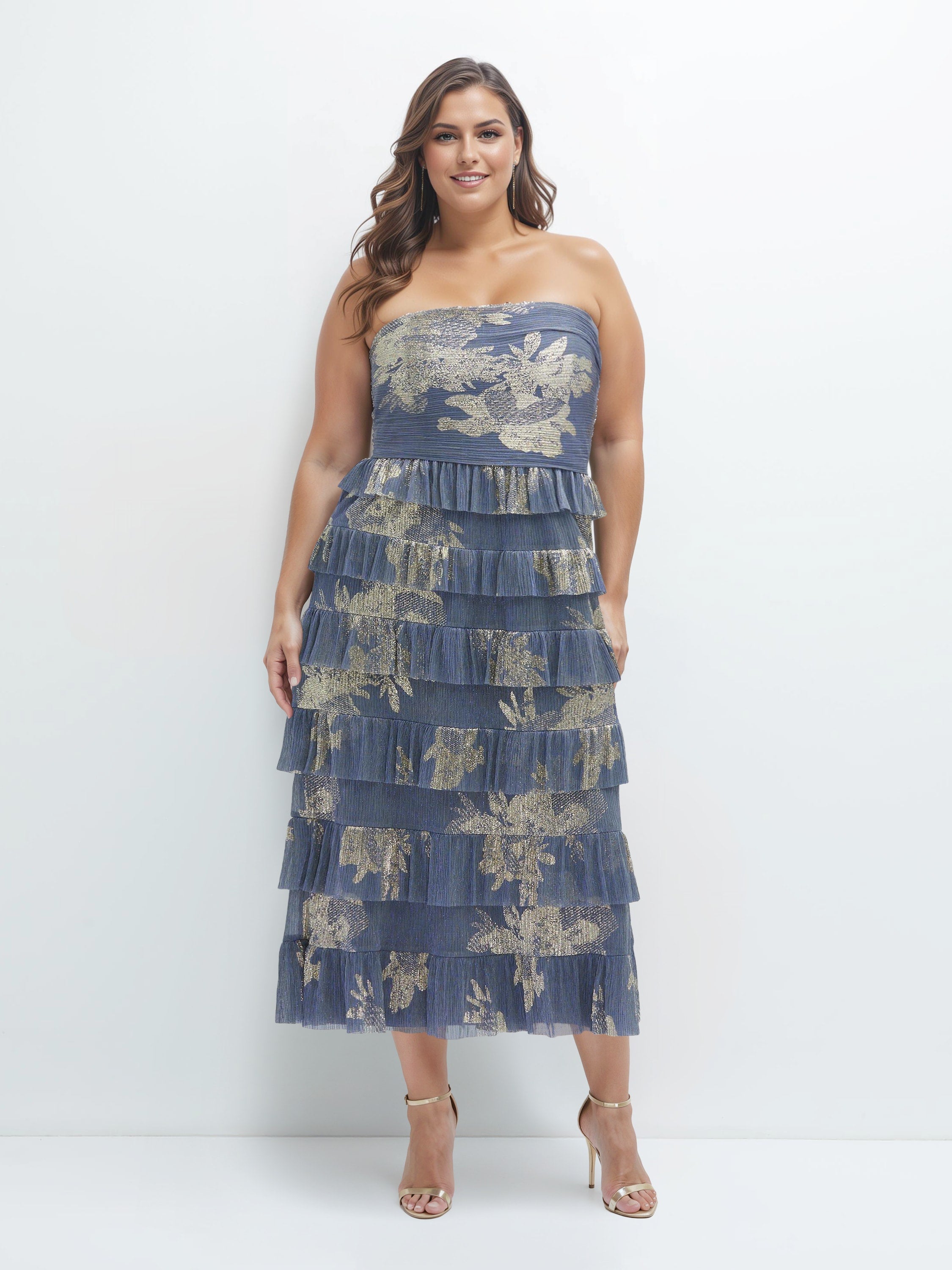 Ruffle Tiered Skirt Metallic Pleated Strapless Midi Dress with Floral Gold  Foil Print | Dia & Co