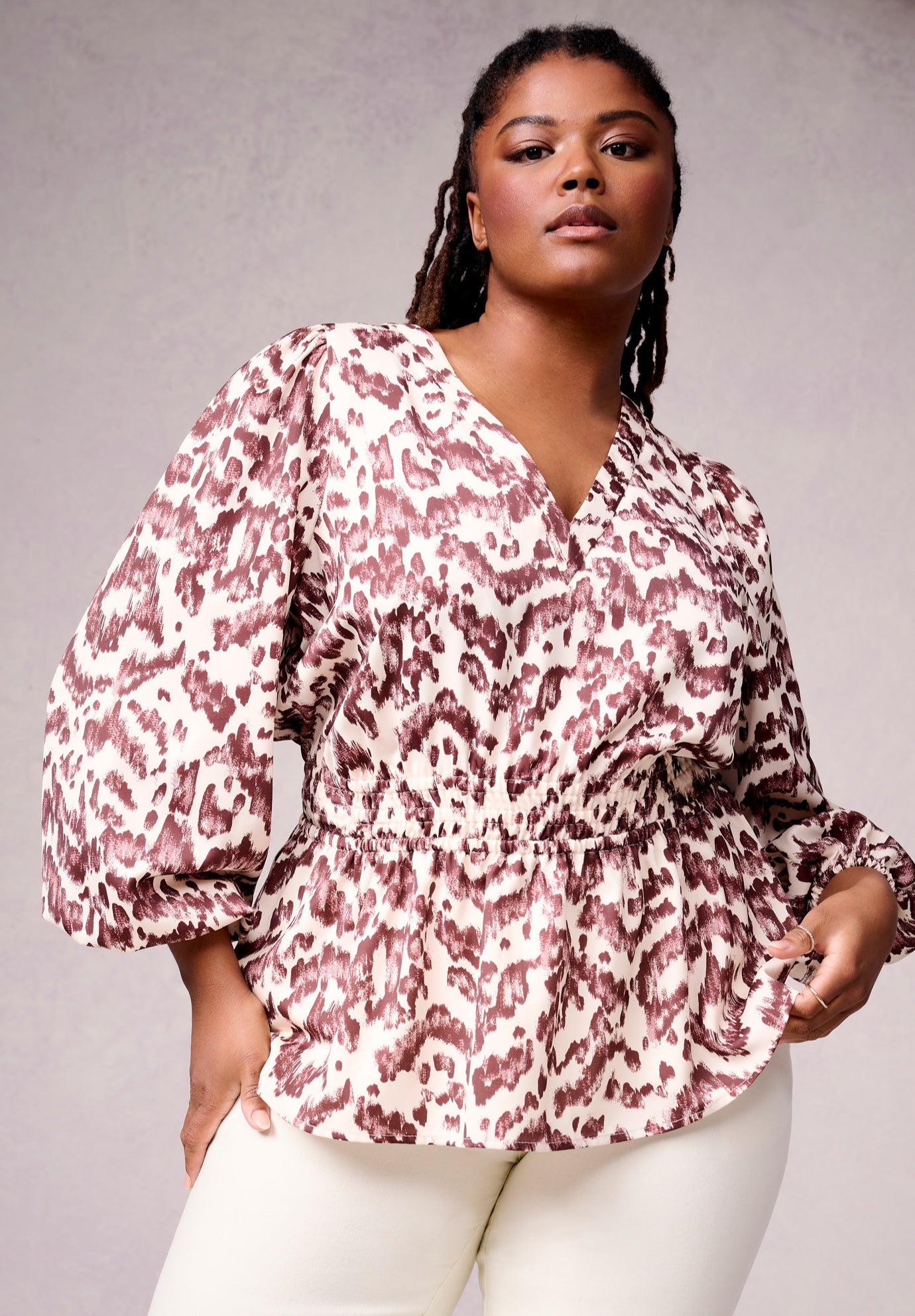 APNY Puff Sleeve Blouse with Ruched Detail – Turquoise Multi