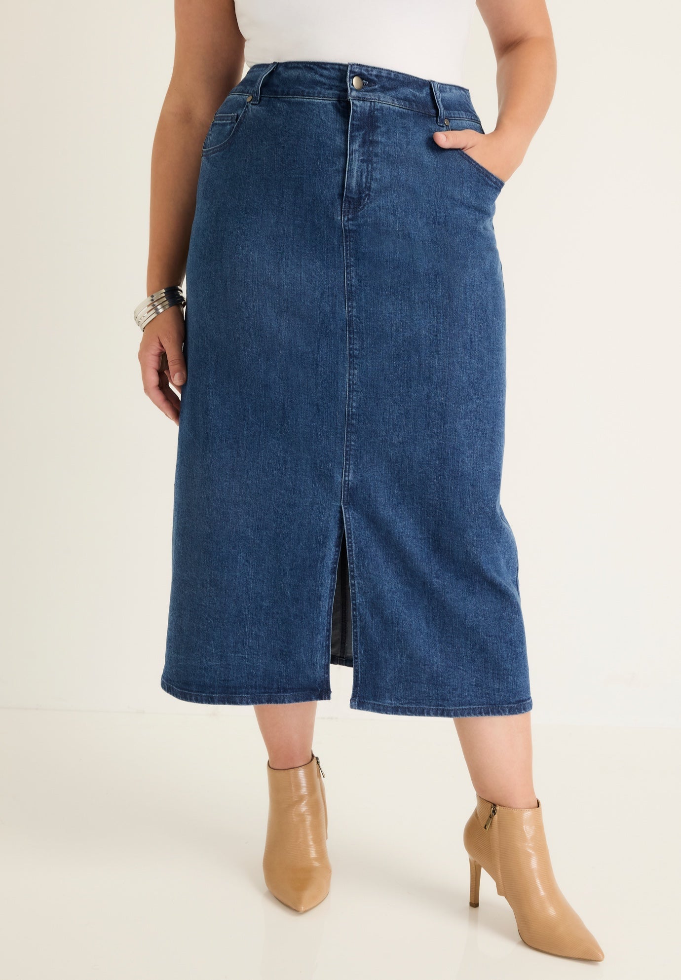 Front-Slit Denim Midi Skirt | Dia & Co